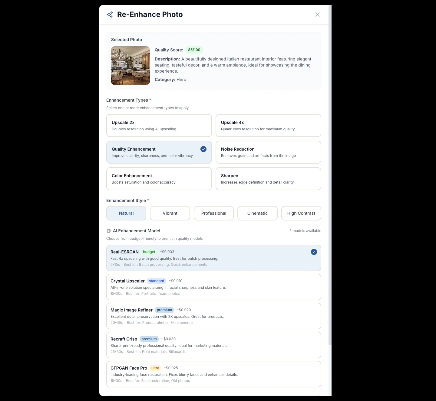Photo Enhancement - Multiple AI models and enhancement types